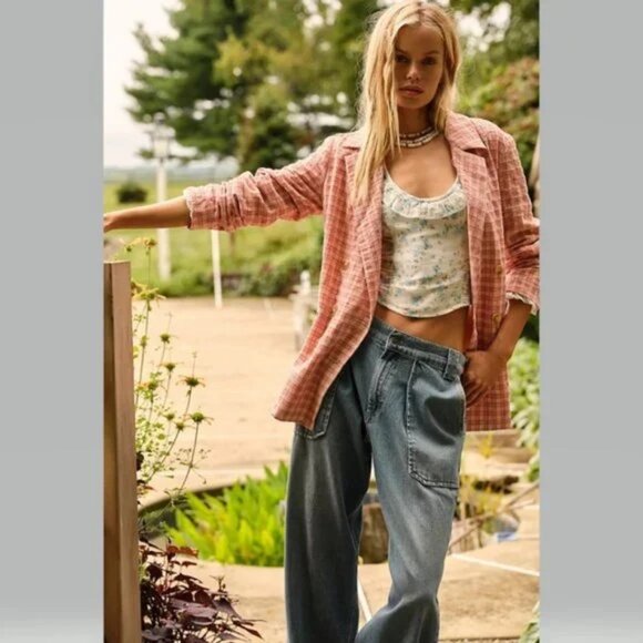 Free People Olivia Gingham Pink Plaid Check Blazer Jacket Large NEW - Picture 1 of 9